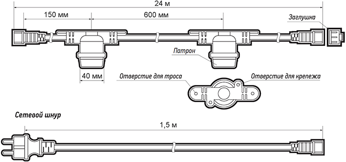 гирлянда "Белт-лайт" 24м Jazzway серии PBL - размеры и схема гирлянды