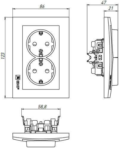 розетка 2-местная EKF EWR16-128-10 "Валенсия" - размеры