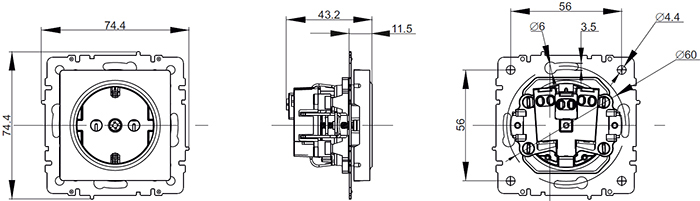 розетка 1-местная с з/к IEK Brite - размеры