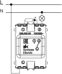 переключатель 1-клавишный Systeme Electric Glossa - схема подключения