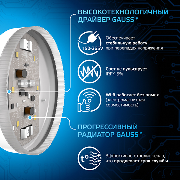 Лампа свд 220В GX53 8Вт 6500К 760лм таблетка матовая Gauss 