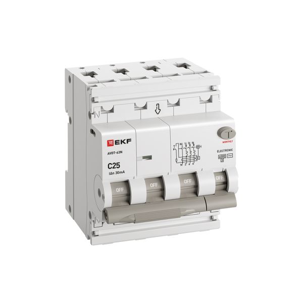Дифавтомат 4Р 25А C тип AC 30мА 6кА 4мод АВДТ-63N EKF PROxima