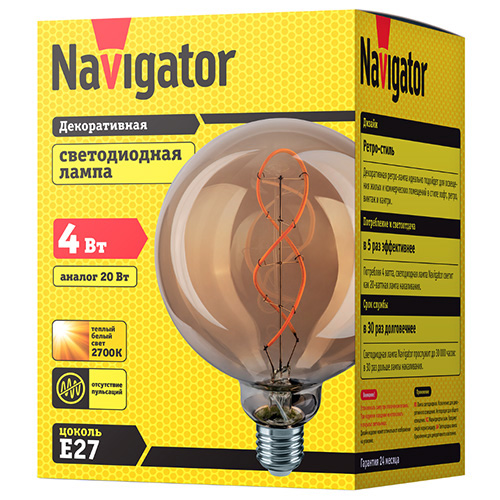 Лампа светодиодная Е27 4Вт 2700К 300лм шар G125 золотистая филамент  Navigator винтаж