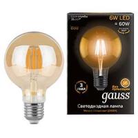 купить Лампа свд 220В E27 6Вт 2400К 550лм шар G95 золотистая филамент Gauss в Иванове Лампа свд 220В E27 6Вт 2400К 550лм шар G95 золотистая филамент Gauss