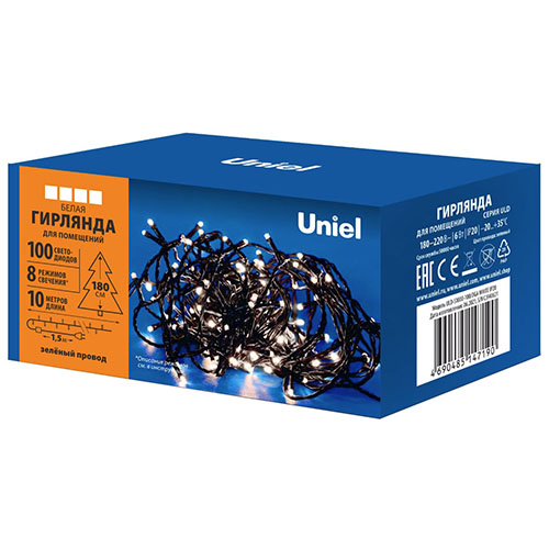 Гирлянда нить 10м белый 100свд с контроллером IP20 зеленый провод 8режимов