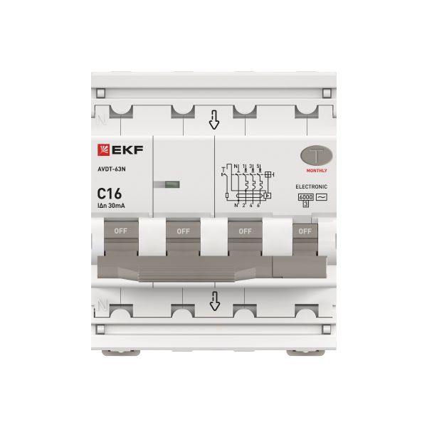 Дифавтомат 4Р 16А C тип AC 30мА 6кА 4мод АВДТ-63N EKF PROxima