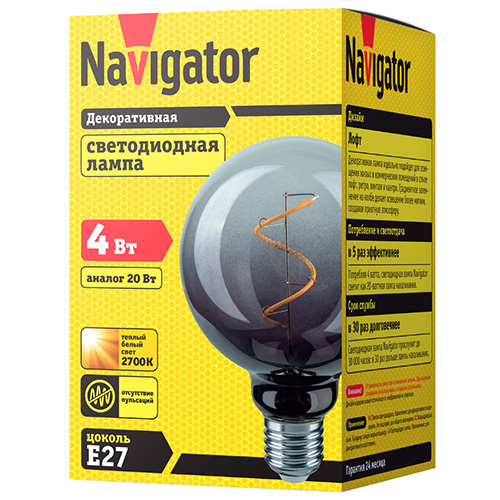 Лампа светодиодная Е27 4Вт 2700К 170лм шар G95 серая филамент  Navigator винтаж