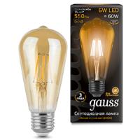 Лампа светодиодная Е27 6Вт 2400К 550лм стандарт ST64 золотистая филамент  Gauss