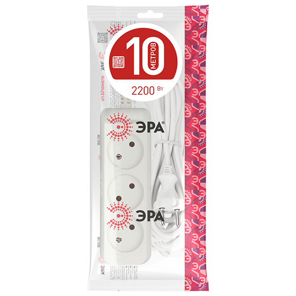 Удлинитель 3-мест 10м ПВС 2*1 белый ЭРА  