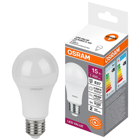 Лампа светодиодная 220В Е27 15Вт 4000К 1200лм стандарт A60 матовая Osram LED Value аналог 707110,707111