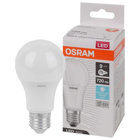 Лампа светодиодная 220В Е27 9Вт 4000К 720лм стандарт A60 матовая Osram LED Base аналог 704744