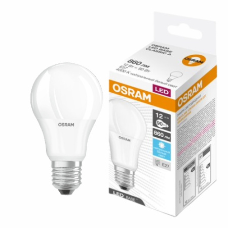 Лампа светодиодная 220В Е27 12Вт 4000К 860лм стандарт A60 матовая Osram LED Base аналог 704744,707110