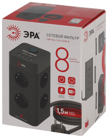 Фильтр сетевой 8-мест 1,5м ПВС 3*1 черный USB ЭРА Башня (2А+2С)