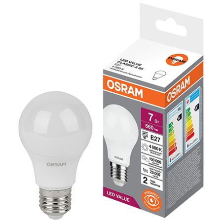 Лампа светодиодная 220В Е27 7Вт 4000К 560лм стандарт A60 матовая Osram LED Value аналог 704744
