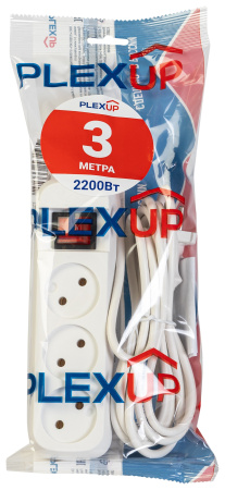 Удлинитель 3-мест 3м ПВС 2*0,75 белый выкл PlexUp  