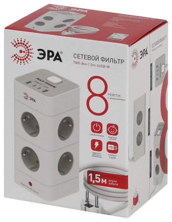 Фильтр сетевой 8-мест 1,5м ПВС 3*1 белый USB ЭРА Башня (2А+2С)