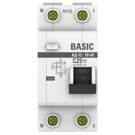 Дифавтомат 2Р 25А C 30мА 4,5кА АД12 2мод EKF Basic