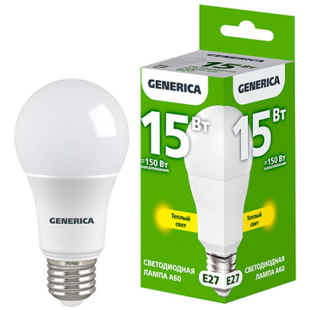 Лампа светодиодная 220В Е27 15Вт 3000К 1500лм стандарт A60 матовая GENERICA (IEK) 