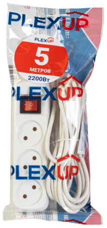 купить Удлинитель 3-мест 5м ПВС 2*0,75 белый выкл PlexUp   в Иванове Удлинитель 3-мест 5м ПВС 2*0,75 белый выкл PlexUp